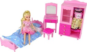 LEAN Toys Bábika so sadou nábytku: posteľ, šatníková skriňa, toaletný stolík