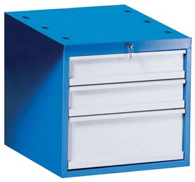 Závesný dielenský box na náradie k pracovným stolom GD, 3 zásuvky, zámok, 510 x 592 x 470 mm, modrá / sivá