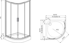 Novoterm Štvrťkruhový sprchovací kút NV-Solid RS BL 80, čierny/transparent - bez vaničky