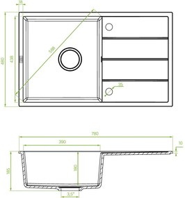 Laveo Wolin, 1-komorový granitový drez 780x480x185 mm, čierna škvrnitá, LAV-SPW_711T