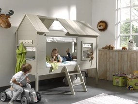 Vyvýšená postel domček z masívu a MDF béžovo sivá so závesmi 185cm 90x200cm
