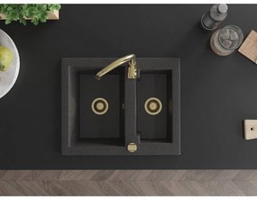 Mexen Carlos, granitový drez 582x475x177 mm, 1,5-komorový a zlatá drezová batéria Telma, čierna škvrnitá, 6518-76-670200-50