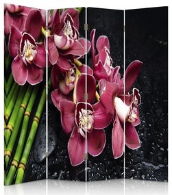 Ozdobný paraván, Orchidej s bambusem - 145x170 cm, štvordielny, klasický paraván