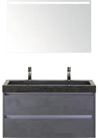 Kúpeľňový nábytkový set Dante 100 cm s umývadlom z prírodného kameňa 2 otvormi na kohúty a zrkadlom s LED osvetlením betón antracitovo sivá