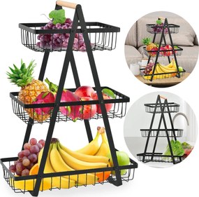 Kovový košík na ovocie PULOS - 3poschodový - čierny