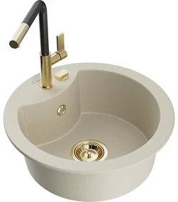 Mexen Diego, 1-komorový granitový drez 488x488x167 mm a drezová batéria Flora, béžová, 6512-69-670401-57-G