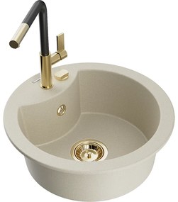Mexen Diego, 1-komorový granitový drez 488x488x167 mm a drezová batéria Flora, béžová, 6512-69-670401-57-G