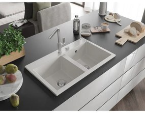 Mexen Hektor, 2-komorový granitový drez 800x480x205 mm, biela, chrómový sifón, 6521802000-20