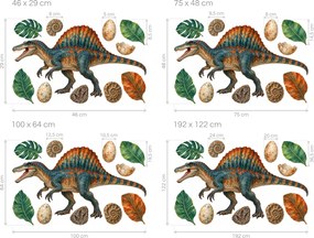Spinosaurus s vajcami a fosíliami realistické dinosaurie nálepky do chlapčenskej izby na stenu arch 46 x 29 cm