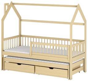 Detská domčeková posteľ s prístelkou a šuplíky PIPER - 200x90 cm - prírodná borovica