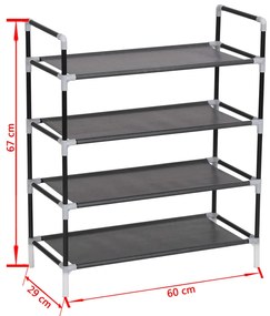Regál na topánky so 4 policami, kov a netkaná textília, čierny