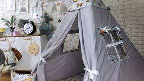 Detský stan TEEPEE (TÍPÍ) STAVEBNÁ TECHNIKA s doplnkami - sivý / biely