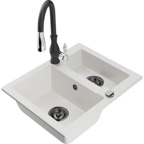 Mexen Carlos, 1,5-komorový granitový drez 582x475x177 mm a drezová batéria Savita, biela, 6518-20-672601-70