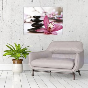 Obraz masážnych kameňov a orchidey na vode (70x50 cm)