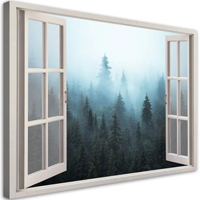 Obraz na plátně, Okno Zobrazit les v mlze přírody - 90x60 cm