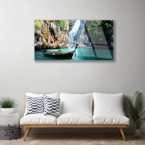 Obraz na akrylátovom skle Loď jazero skaly krajina 100x50 cm