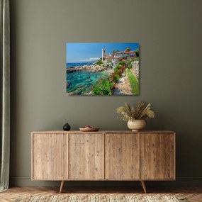 Sklenený obraz - Malebné pobrežie dediny (70x50 cm)