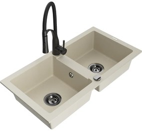 Mexen Mario, granitový drez 820x436x161 mm, 2-komorový a drezová batéria Aster, béžová, 6504-69-73450-70-B
