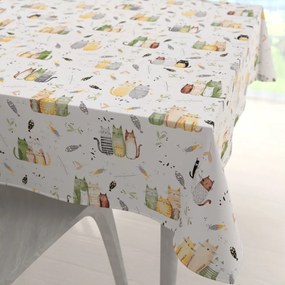 Biante Detský bavlnený štvorcový obrus Sandra SA-652 Mačací svet zeleno-žltý na bielom 120x120 cm