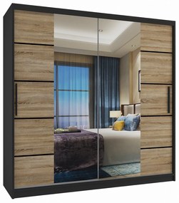 Šatníková skriňa 200 cm Belini čierny mat / dub sonoma s posuvnými dverami zrkadlom a zásuvkami  ME SZP5/1/B/DS/0/KLP