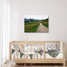 Sklenený obraz - Horská krajina s domčekmi (70x50 cm)