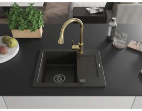Mexen Enzo, 1-komorový granitový drez 576x465x174 mm a drezová batéria Elia, čierna-zlatá metalíza, 6506-75-670101-50-B
