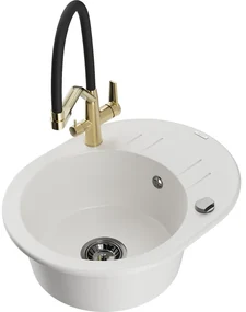 Mexen Kevin, granitový drez 586x458x190 mm, 1-komorový a biela batéria Duo, biela, 6517-20-671701-57-B