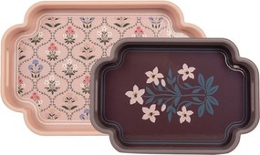 Set 2ks ružový a hnedý drevený podnos s vtáčikmi - 46*30*5 / 35*24*5 cm