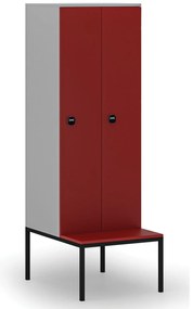 Drevená šatníková skrinka s lavičkou, 2 oddiely, 1871 x 600 x 500/800 mm, demont, RFID zámok, sivá / červená
