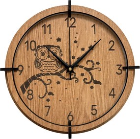 Drevené nástenné hodiny Sova na vetve – dubový dekor, tichý chod | SENTOP HDF0573-OAK