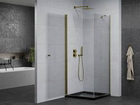 Mexen Pretoria, sprchovací kút 100 (dvere) x 100 (stena) cm, 6mm číre sklo, zlatý profil + čierna sprchová vanička, 852-100-100-50-00-4070G