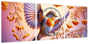 Obraz - Vták s jarabinou (s hodinami) (90x30 cm)