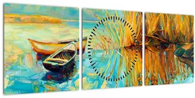 Obraz - Jazero s loďkami (s hodinami) (90x30 cm)