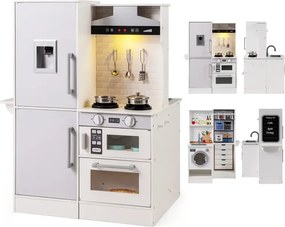 Obojstranná detská kuchynka Drevená detská kuchynka s vodným dávkovačom a odsávačom pár Biela