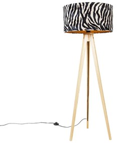Stojaca lampa drevená s látkovým tienidlom zebra 50 cm - Tripod Classic