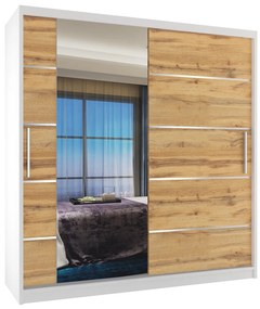 Šatníková skriňa 158 cm Belini biely mat / dub wotan s posuvnými dverami zrkadlom a zásuvkami MBP SZP7/0/W/DW/0/KLAL