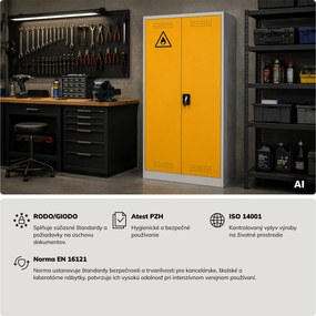 Skriňa na chemikálie s ventiláciou a odkvapkávacími zásobníkmi, šedo-žltá, 900x1850x400 mm: MARIA