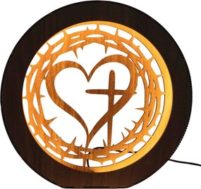 Drevená LED lampa Srdce s krížom a tŕňovou korunou | JEZUE: HDF - Orech 20 cm 4779-115090 LED0600