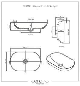 Cerano Lyra, umývadlo na dosku z liateho mramoru 540x340x120 mm, čierna matná, CER-CER-WB14B