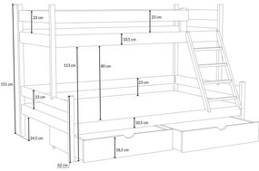 Detská poschodová posteľ z masívu borovice s rozšíreným spodným lôžkom NEVADA so šuplíkmi - 200x90/140 cm - BIELA