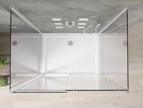 Mexen Omega, 3-stenový sprchovací kút s posuvnými dverami 140 (dvere) x 90 (stena) x 190 cm, 8mm číre sklo, chrómový profil + biela sprchová vanička SLIM, 825-140-090-01-00-3S-4010