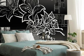Samolepiaca tapeta čiernobiela kvetinová ilustrácia - 150x100