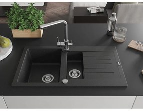 Mexen Matias, granitový drez 900x505x200 mm, 1,5-komorový a chrómová batéria Duero, čierna-strieborná metalíza, 6502-73-671600-00