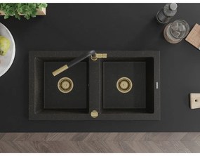 Mexen Mario, 2-komorový granitový drez 820x436x161 mm a drezová batéria Flora, čierna-zlatá metalíza, 6504-75-670401-57-G
