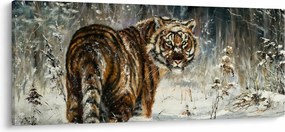 Obraz - Tiger v zasneženom lese, olejomaľba (120x50 cm)