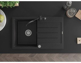 Mexen Bruno, granitový drez 795x495x200 mm, 1-komorový a drezová batéria Carla, čierna-strieborná metalíza, 6513-73-670700-70