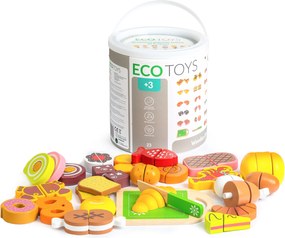 ECOTOYS Drevené jedlo na krájanie 23 ks – set potravín s doskou a nožom, pre deti 3+