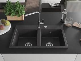 Mexen Hektor dvojkomorový granitový drez 800 x 480 mm, čierny s fľakmi, chrómový sifón - 6521802000-76