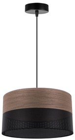 Závesné svietidlo Wood, 1x hnedá orechová dýha/čierne PVC tienidlo, (fi 30cm)