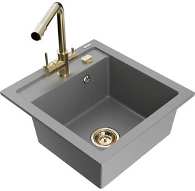 Mexen Vito, 1-komorový granitový drez 520x490x210 mm, zlatá batéria Duero, šedá, 6503-71-671600-50